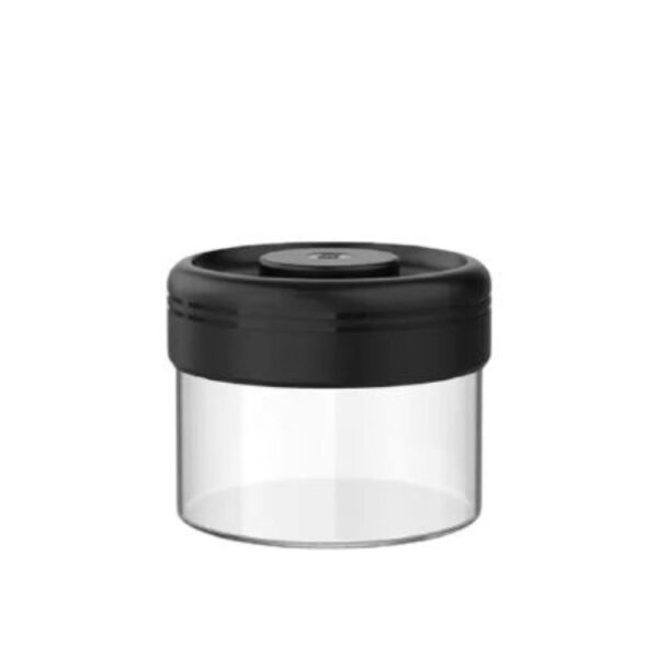 Timemore Vacuum Sealed Glass Canister - Borosilicate glass coffee storage jar with air extraction pump button, 400ml capacity.