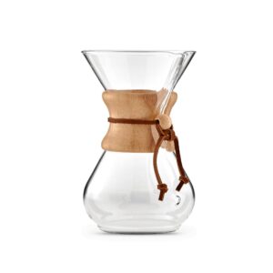 Chemex 6 Cup Coffee Maker - Handcrafted borosilicate glass coffee brewer with sustainable wood collar, known for its exceptional design and rich coffee brewing capabilities