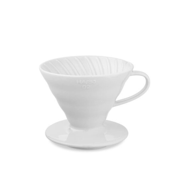 Hario V60 Ceramic Dripper 02 in white, featuring a unique spiral design, conical bottom, and 0.5L capacity, ideal for brewing 4 cups of coffee. Dishwasher safe and perfect for both beginners and professional baristas.