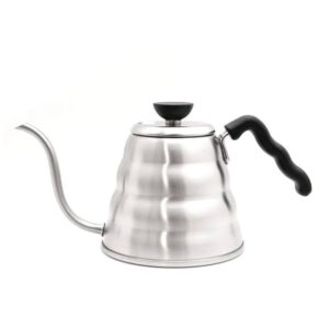 Hario Buono V60 Kettle in stainless steel, featuring a gooseneck spout for precise pouring and optimal heat retention. Ideal for pour-over coffee enthusiasts at home or in cafes.