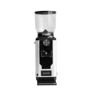 XLVI Coffee Grinder - Sturdy steel structure with food-safe plastic hopper. Available in WHITE and BLACK. Ideal for direct coffee dispensing into filter holders.