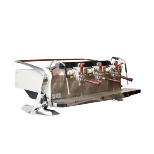 Slayer Steam LP 3 Group - Glossy White espresso machine with polished stainless steel body and glossy ink wings, showcasing advanced manual pressure profiling and volumetric control features.