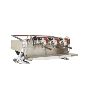 Slayer Steam LP 3 Group - Bone Beige espresso machine with polished stainless steel body and paddle actuators for precise brewing control