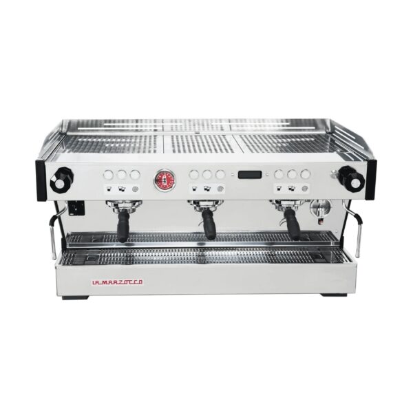 La Marzocco Linea PB AV - 3 Group espresso machine with stainless steel portafilters, dual boilers, and digital display.